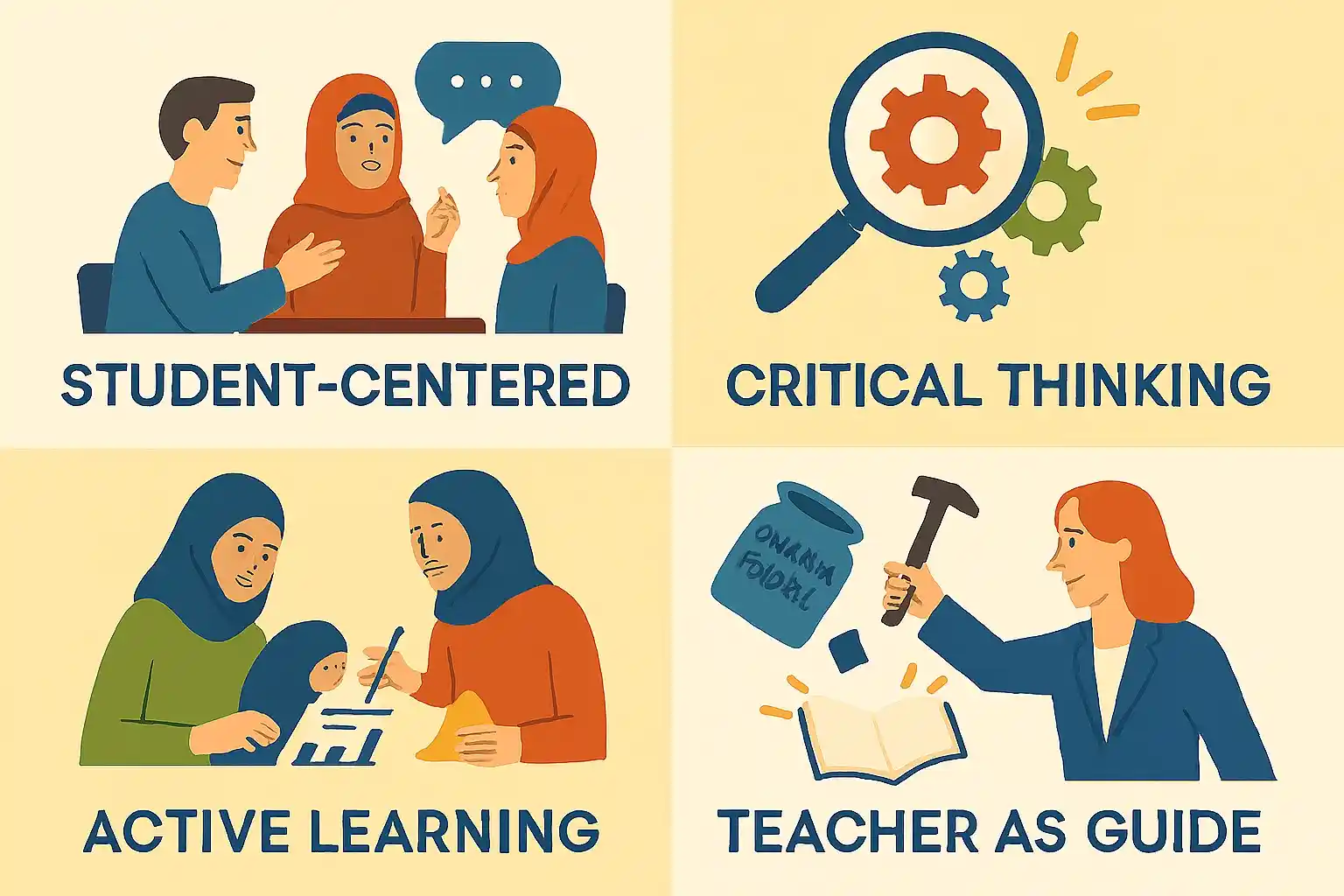 An infographic-style visual divided into four icons.